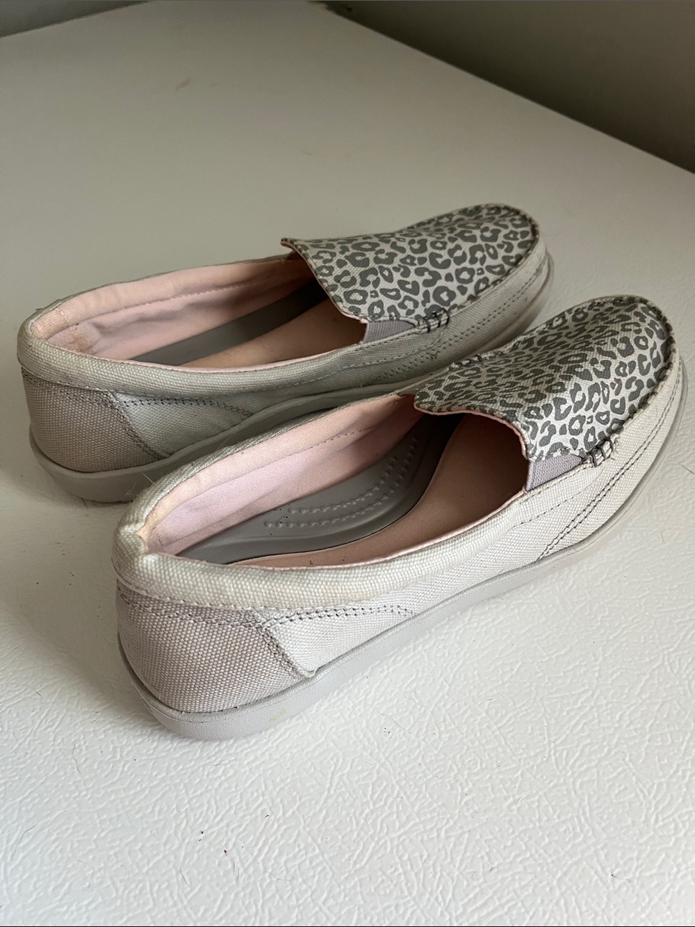 CROCS Slip-On Flats with Gray Leopard Print and Light Pink Lining